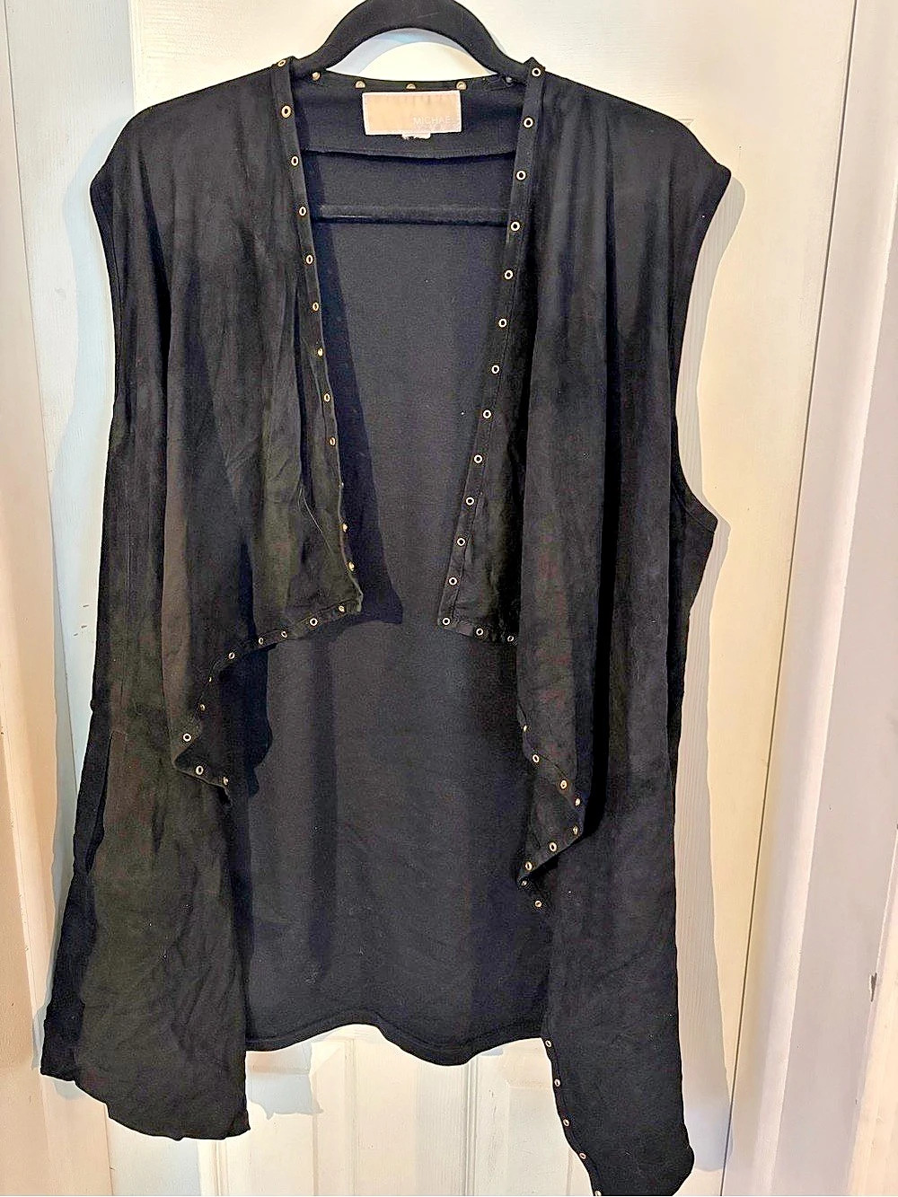 Michael Kors Grommet Trim Suede Draped Open Front Vest Black